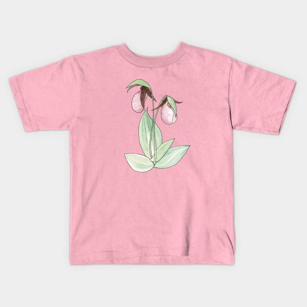 Pink Lady's Slipper Orchid Watercolor Illustration Kids T-Shirt by Danica Templeton Art